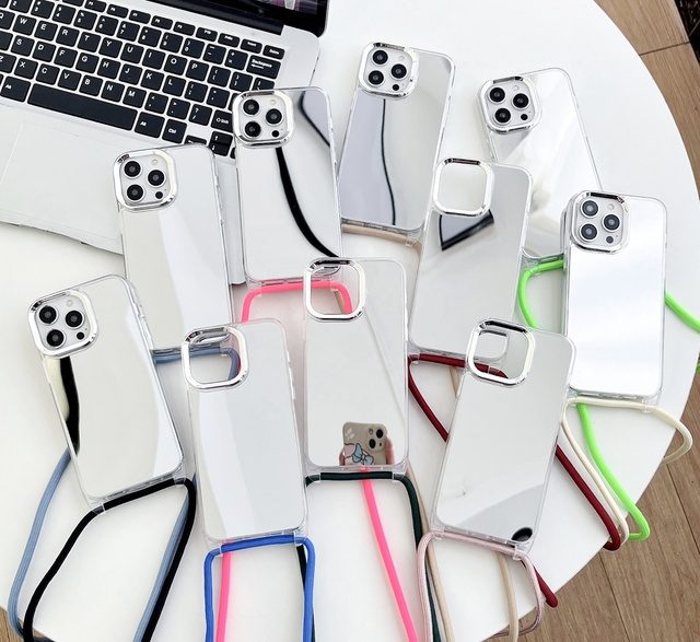 Deluxe Electroplated Mirror Lanyard Phone Case Hot Sale Fashionable Makeup Strap 13 Pro Max 15 14 12 13 15 PC Material