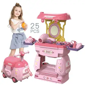 2 IN1漫画収納カート女の子のための化粧おもちゃキット子供のための車に乗る最高のクリスマスギフトおもちゃセット25PCS