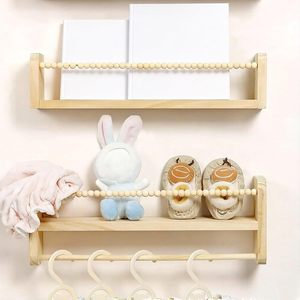 Wall Mounted Wooden Bookshelf For Kids Storage Rack With Hanging <b>Bar</b> Rectangle Shape 3 Tier <b>Shelf</b> For Books Toys And Personal - Product Image 2