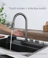 Robinet de cuisine intelligent numérique écologique fait main en acier inoxydable 304 et laiton, design cascade et pluie, 4 vitesses