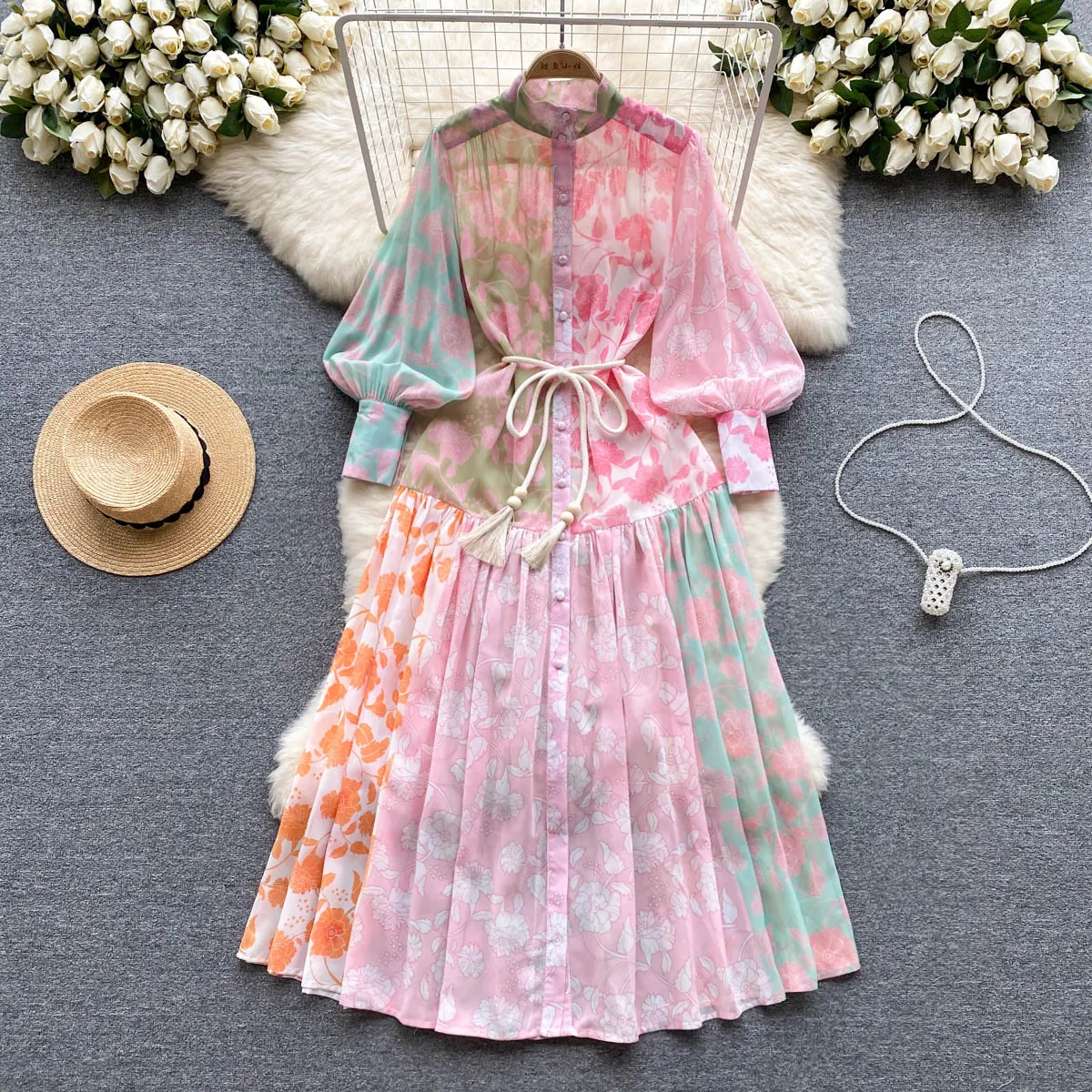 Spring/Summer Thin Chic Stand-Up Collar Single Breasted Lantern Long Sleeve Lace-Up Waist Large fold Hemline Printed Dress