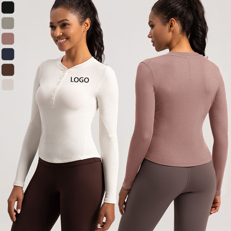 XW-CX84 Long Sleeve Gym Wholesale Ribbed Workout Corset Sportswear Fitness Tennis Button Half Zip Yoga Tops for Women