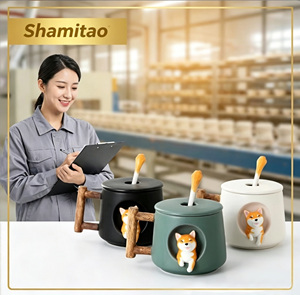Shamitao - Juego de Tazas de Cerámica 3D con Diseño de <span class=keywords><strong>Shiba</strong></span> Inu, Tapa y Cuchara, Taza de Café de Gres Ecológico de 420 ml, con Logotipo Personalizado, Regalos Empresariales - Product Image 1