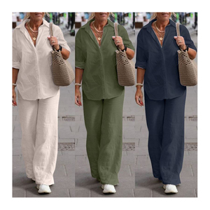 Yuhong 2025 Nuova Collezione Primavera Estate, Completo Camicia e Pantaloni da <span class=keywords><strong>Donna</strong></span>, Abbigliamento Casual alla Moda in <span class=keywords><strong>Lino</strong></span>, Taglie Forti, Set Due Pezzi - Product Image 1