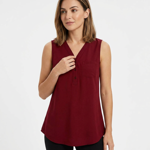 Haut sans manches pour femme, col en V, couleur unie, boutons sur le devant, vêtement décontracté, rouge, personnalisable, écologique, respirant, spandex/coton, 180g - Product Image 1