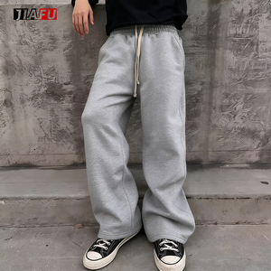 Pantalon de survêtement streetwear personnalisé avec logo, en coton épais, coupe large et droite, style vintage, évasé et ample pour homme - Product Image 1