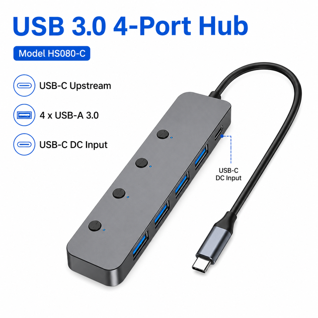 5-in-1 USB-C Hub 4xUSB-A 3.0 (5Gbps) with 4 Independent Power Switches Type-C DC 5V/4A Aluminum Case for Laptop in Stock