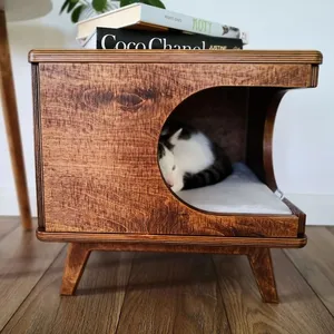 Cama de Gato de madeira Casa Interior, Resistente Grande Gato de Luxo Móveis Abrigo com Almofada, Ao Lado da Mesa de Madeira Gato para Casa