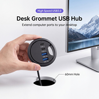 Hub USB Grommet Meja 60mm, 2 Port USB3.0 + 2 Port Tipe-C, Stasiun Docking USB Terintegrasi di Lubang Meja untuk Meja Kantor