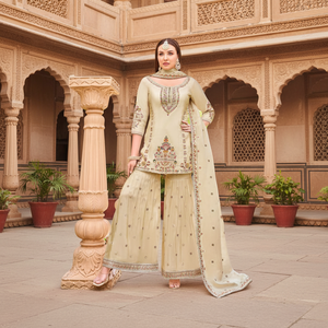 Ensemble de costume ethnique vintage élégant en tissu denim à motif léopard, kurta élégant brodé, paillote assortie et dupatta - Product Image 1