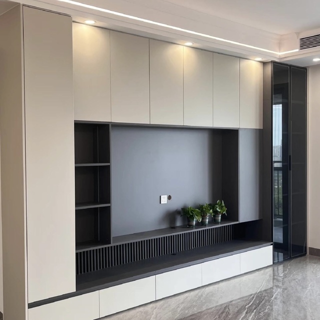 Factory Custom LED Storage Modern Wall-Mounted TV Cabinet with Light Wood Material Living Room Furniture
