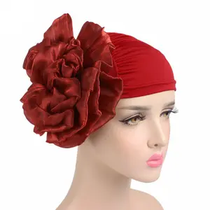 Toptan özel Logo müslüman 3D çiçek türban Grande Fascinate kızlar başörtüsü kafa şapka türban büyük çiçek türban kap kadınlar için