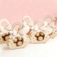 Boîte cadeau de luxe en forme de sac à main avec fenêtre transparente, motif pois dorés, en carton personnalisé imprimé quadricolore pour boutique