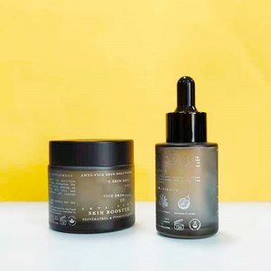 บรรจุภัณฑ์เครื่องสำอางสีดำ ขวดและกระปุกทรงกลม กระปุกครีมบำรุงผิวหน้าแก้ว 50 กรัม ขวดหยดน้ำมันใส่ผม 30 มล. - Product Image 4