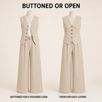 Ensemble tailleur femme en lin beige, gilet col en V et pantalon large, style Old Money, deux pièces