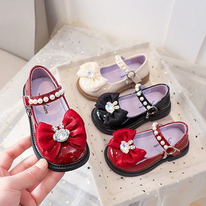 2026 Spring & Autumn Girls' Leather Shoes <b>Kids</b>' Soft Bottom Princess Shoes with Rhinestone Rabbit Design Sweet Lolita Shoes fo - Product Image 1