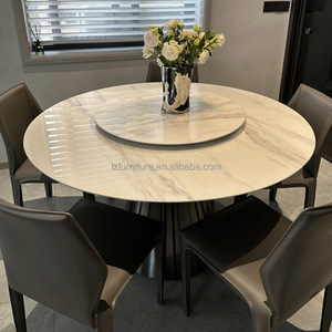 Table à manger ronde de luxe à motif marbré avec plateau tournant en pierre blanche, base évasée noire, 6-8 places, mobilier de restaurant et d'hôtel - Product Image 5