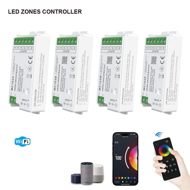 Mash Group Sync Tuya Zigbee-Bt WiFi RGB Night Light 12V 24V LED Strip Controller with 4 Zones Remote Control MC103X