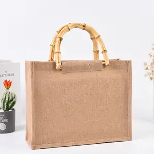 Özel Logo eko yeniden jüt kolu çanta alışveriş çuval bezinden çanta jüt alışveriş çantası bambu kolu