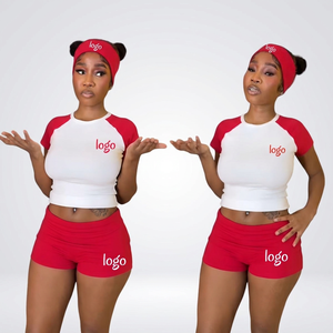 Women's Custom Logo Summer Cotton Loungewear with Collarless Foldover Shorts and Raglan Short Sleeve Shirt <b>Headband</b> Included - Product Image 1