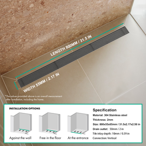 Sifone Doccia Lineare Sottile Premium Grigio Spazzolato 30-80x5.5 cm in Acciaio Inox SUS304 per Bagno <span class=keywords><strong>e</strong></span> Doccia Hotel - Product Image 3