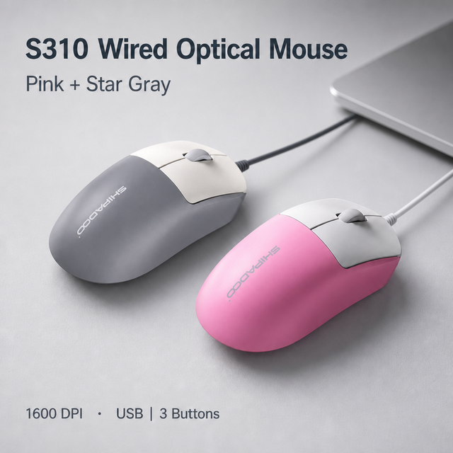 SHIPADOO S310 Low-Noise Wired Optical Mouse 1600 DPI USB for Laptops with 3 Buttons 4-Way Scroll Wheel Ergonomic Design