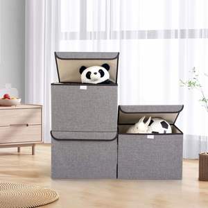 Boîte de rangement pour jouets personnalisée à prix abordable, grande, double, en non-tissé, avec logo imprimé, poignée en toile de jute et couvercle - Product Image 4