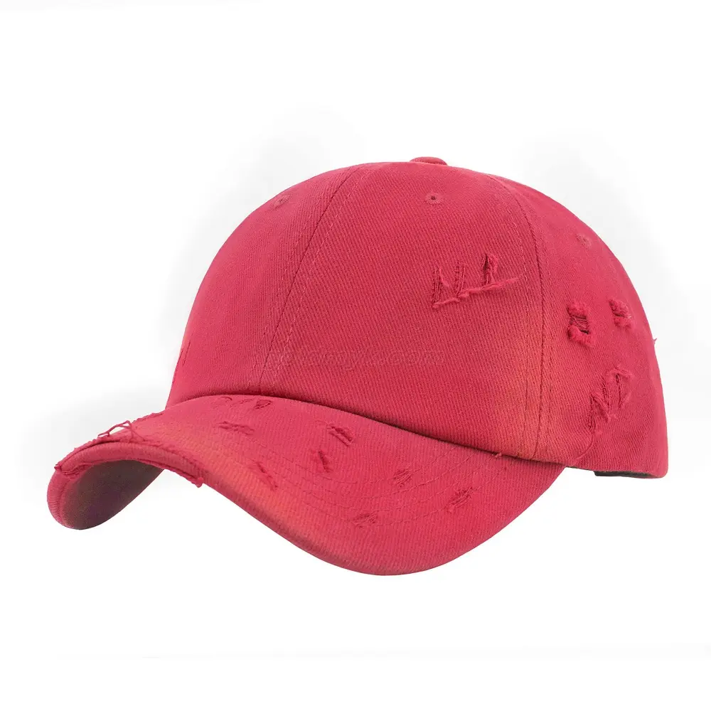 Kustom Warna merah 6 panel kain katun lembut topi bisbol dicuci dan topi dengan lubang dicuci dan puncak melengkung