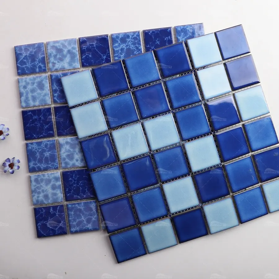 Wholesale Foshan Swimming Pool Mosaic Tile Crystal Glazed Ceramic Pool Tile Porcelain Square Bathroom Blue Tile Swimming Pools