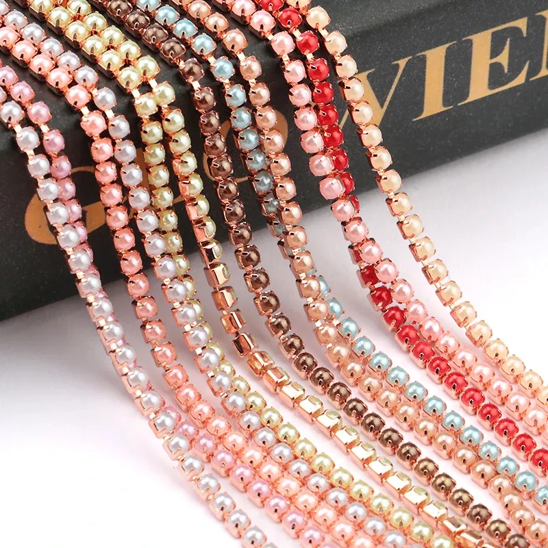 Cadena de diamantes de imitación de perla ABS con Base de plata/oro rosa de 2mm para coser diamantes de imitación ropa vestidos accesorios DIY 10 yardas