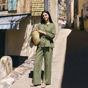 Women's Green <b>Linen</b> 2-Piece Set Long Sleeve O-Neck <b>Top</b> With Ruffles Loose Fit Wide Leg Pants Casual Spring Summer Outfit - Product Image 2