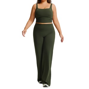 Plus Size Solid Yoga <b>Set</b> <b>Square</b> Neck Tank Top Mid Waist Wide Leg Pants Breathable Quick Dry Elastic Waist Women Activewear - Product Image 1