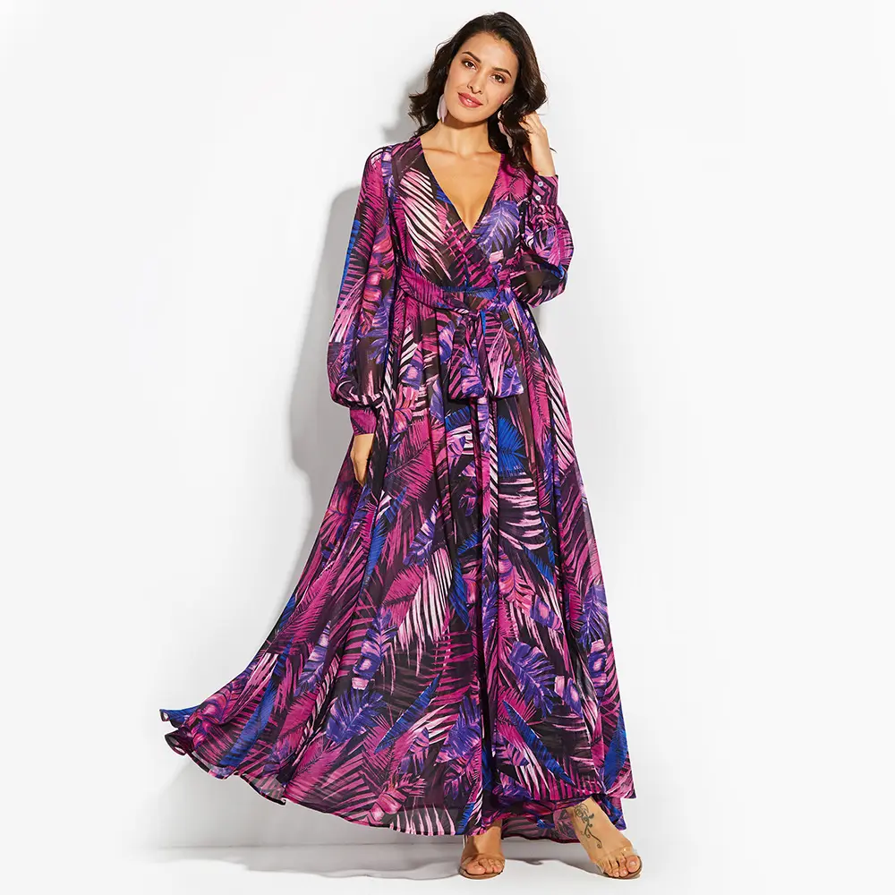 New Arrival Puff Sleeve V Neck Maxi Women Summer Dress Plus Size All Over Floral Printed Swing Women Elegant Casual Dresses