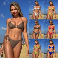 Bikini sexy sans dos uni pour femmes, design épaules dénudées, détail anneau métallique, string brésilien, deux pièces en spandex/nylon