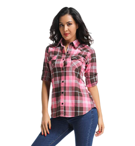 Nuevas Blusas Formales de Moda para Mujer, Otoño, Franela Tejida, Transpirable, Manga Larga, Cuello Camisero, Camisas a Cuadros - Product Image 1