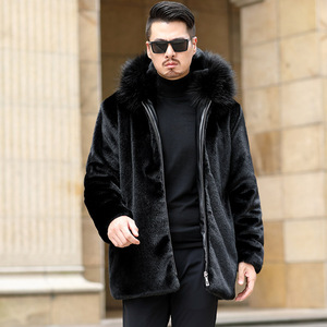 Manteau d'hiver chaud pour homme en fausse fourrure noire à capuche, fermeture éclair, en peluche, fourrure de vison, mi-long, décontracté - Product Image 1