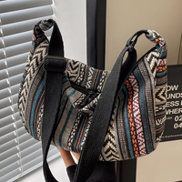 Tas Selempang Wanita Vintage, Model Resleting, Tali Tunggal, Kanvas Etnik, Tas Selempang untuk Wanita