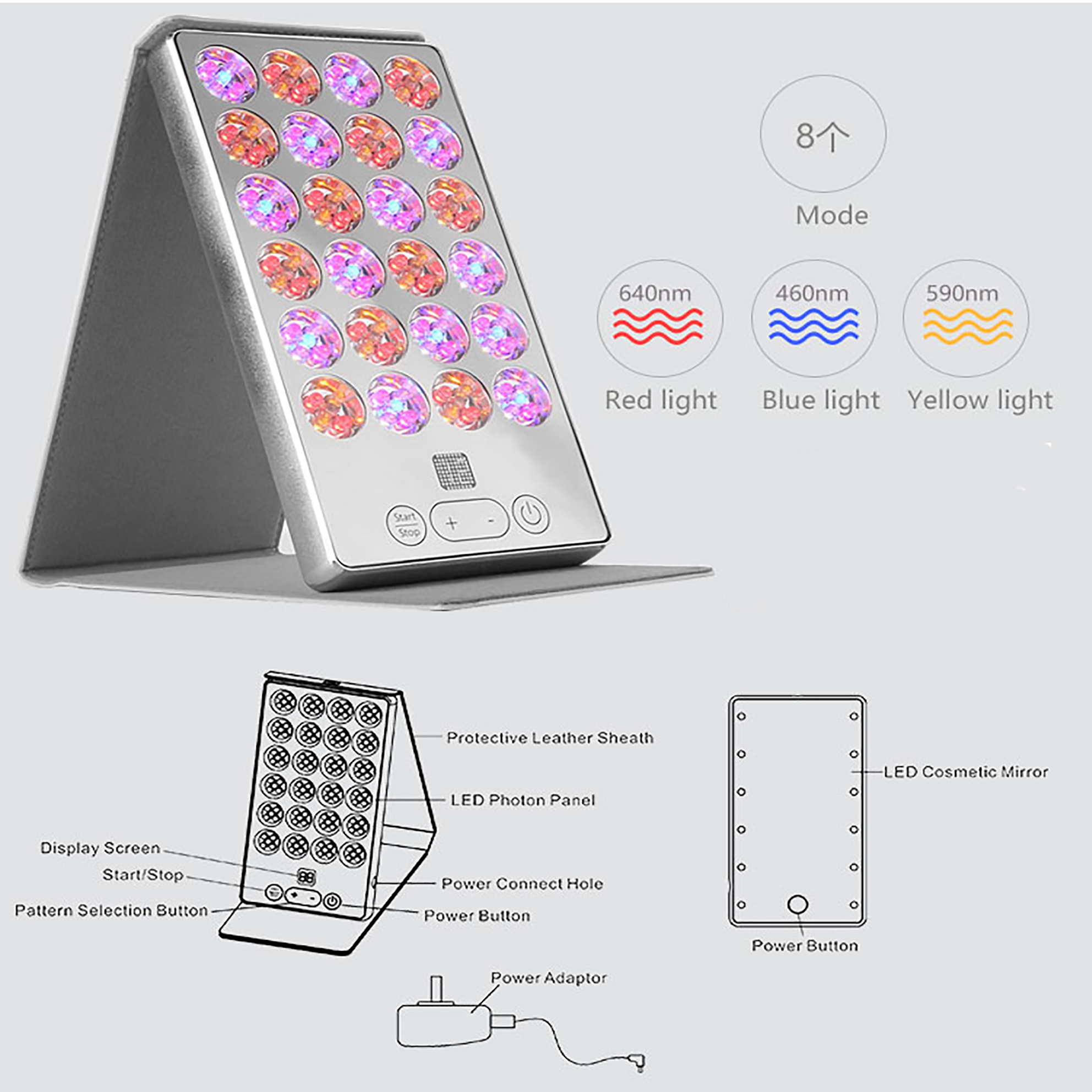3 Color LED PDT Skin Care Device Acne Treatment Wrinkles Remove Machine Mirror