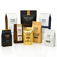 Op maat gemaakte bedrukte koffiezakken collectie, platte bodem staande pouch met ventiel en ritssluiting, food grade koffiebonen verpakkingsleverancier