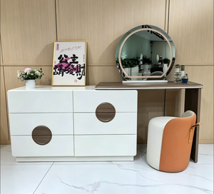 Modern Makeup <b>Vanity</b> Table with <b>Lighted</b> Round Mirror and Storage Drawers for Bedroom Furniture - Product Image 2