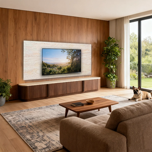 Stylish Floor Wooden Storage Japandi Curved <strong>TV</strong> <strong>Stand</strong> Floor-Mounted <strong>TV</strong> Cabinet for Living Room Elegant Travertine <strong>Walnut</strong> - Product Image 2