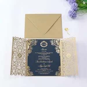 Gold Laser Cut Paper Cards Glitter Material Wedding Invitation Cards Birthday Gift Card with Accessories