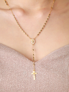 Collares Clásicos de Rosario con Cuentas Doradas de 3*5mm Guadalupe Virgen María Cruz Chapado en Oro de 14k Collar Católico en Forma de <span class=keywords><strong>Y</strong></span> - Product Image 4