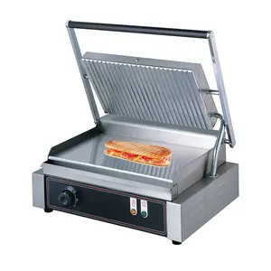 Equipamento de cozinha comercial Top-Grooved Bottom-Flat Sandwich Maker Non-stick Panini Grill elétrico