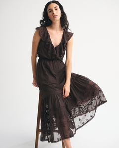 Vestido Midi Casual Leduo Personalizado para Mujer, Color Marrón Oscuro, Cuello en V, Volantes, Sin Mangas, Bordado, con Cinturón de Malla - Product Image 1