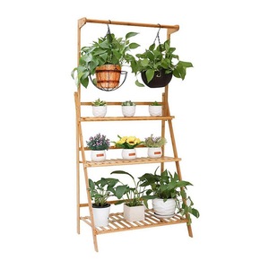 Bamboo 3 Tier Plant Stand <b>Foldable</b> Floor Standing With Hanging <b>Basket</b> For Indoor Outdoor Use - Product Image 1