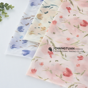 Tela de Chifón Floral al por Mayor para Confección de Vestidos, Tela de Chifón Estampada con <span class=keywords><strong>Tulipanes</strong></span> en Acuarela - Product Image 1