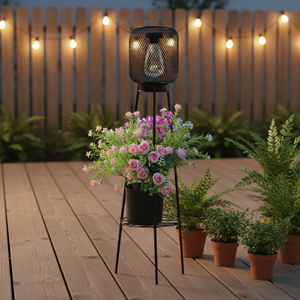 Lampes solaires en maille noire TSINYE <span class=keywords><strong>pour</strong></span> l'extérieur avec supports <span class=keywords><strong>pour</strong></span> plantes, lampadaire sur trépied alimenté par énergie solaire IP65 <span class=keywords><strong>pour</strong></span> jardin, patio, sans pot de fleurs - Product Image 1
