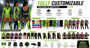 Combinaison de majorette HBCU personnalisée, vert néon, noir, argent, strass, imprimé léopard, franges en V, manches longues, découpes latérales, dos ouvert, pantalon long - Product Image 3