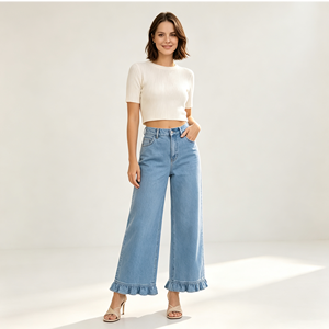 <span class=keywords><strong>Jeans</strong></span> a Gamba Larga <span class=keywords><strong>con</strong></span> Orlo Arricciato, Vita Alta, Elasticizzati, Stile Baggy per Donna, Produzione all'Ingrosso - Product Image 1